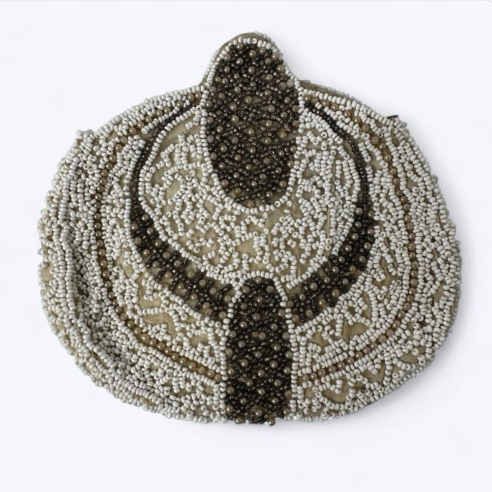 Vtg Glass‎ Seed Hand Beaded Evening Coin Purse Round Clutch Metal Zip Art Deco